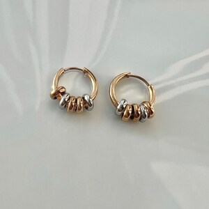 Tri-Color Beaded Small Hoop Earrings – 18K Gold Plated Stainless Steel Hoops | Waterproof Minimalist Earrings image 4