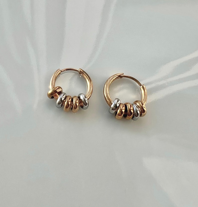 Tri-Color Beaded Small Hoop Earrings – 18K Gold Plated Stainless Steel Hoops | Waterproof Minimalist Earrings image 4