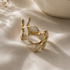 Botanical Leaf Statement Ring | Pearl-Inspired Gold Open Ring