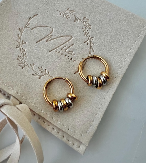 Tri-Color Beaded Small Hoop Earrings – 18K Gold Plated Stainless Steel Hoops | Waterproof Minimalist Earrings