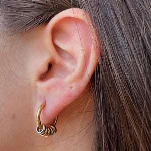 May include: A gold-toned hoop earring featuring a series of smaller, alternating gold and silver-toned rings suspended from the main hoop. The earring is worn in the earlobe, showcasing a multi-layered, metallic design with a polished finish.