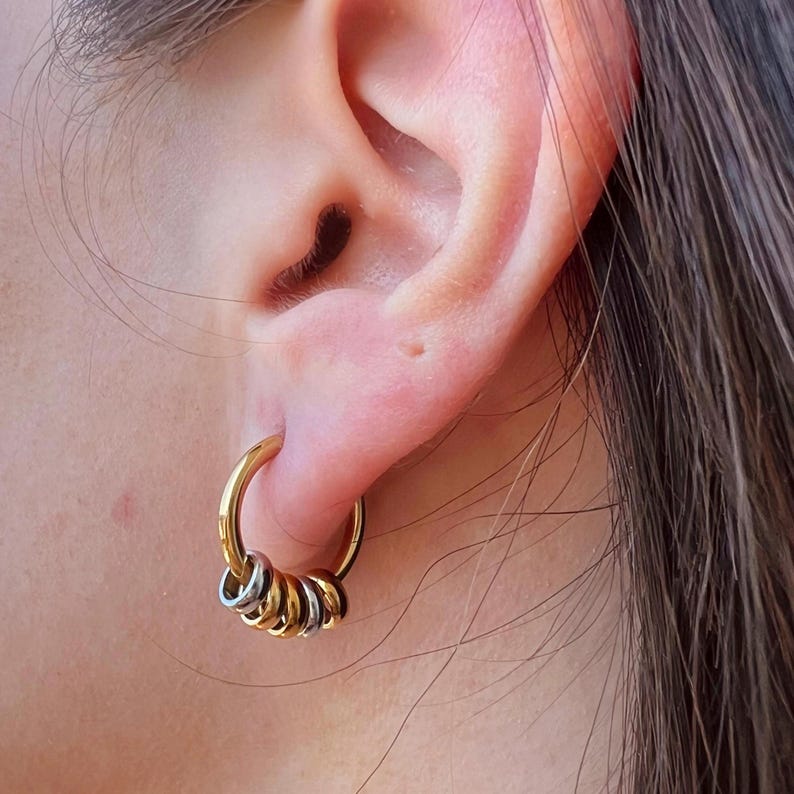 Tri-Color Beaded Small Hoop Earrings – 18K Gold Plated Stainless Steel Hoops | Waterproof Minimalist Earrings image 5