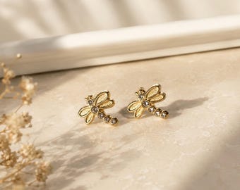 10K Solid Gold Dragonfly Screw Back Stud Earrings