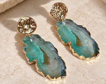 Turquoise Geode Drop Earrings, Gold Plated Copper Statement Jewelry