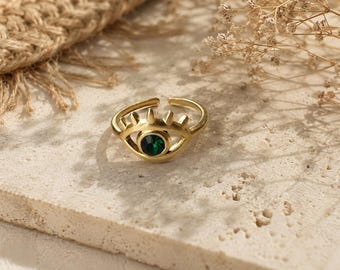 Emerald Green Evil Eye Ring, 18K Gold Plated Stainless Steel, Adjustable Protection Jewelry