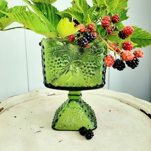 Vintage Green Indiana Glass Sqaure Compote with Harvest Grape Pattern