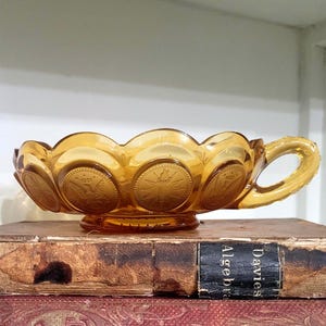 Fostoria Amber Coin Pattern Handled Glass Candy Dish 1887 Eagle and Torch