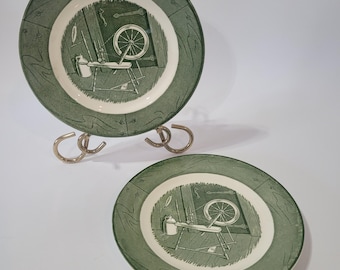 Vintage Grünes Royal Porzellan Kolonialgehöft Spinnrad Brotteller Set mit 2