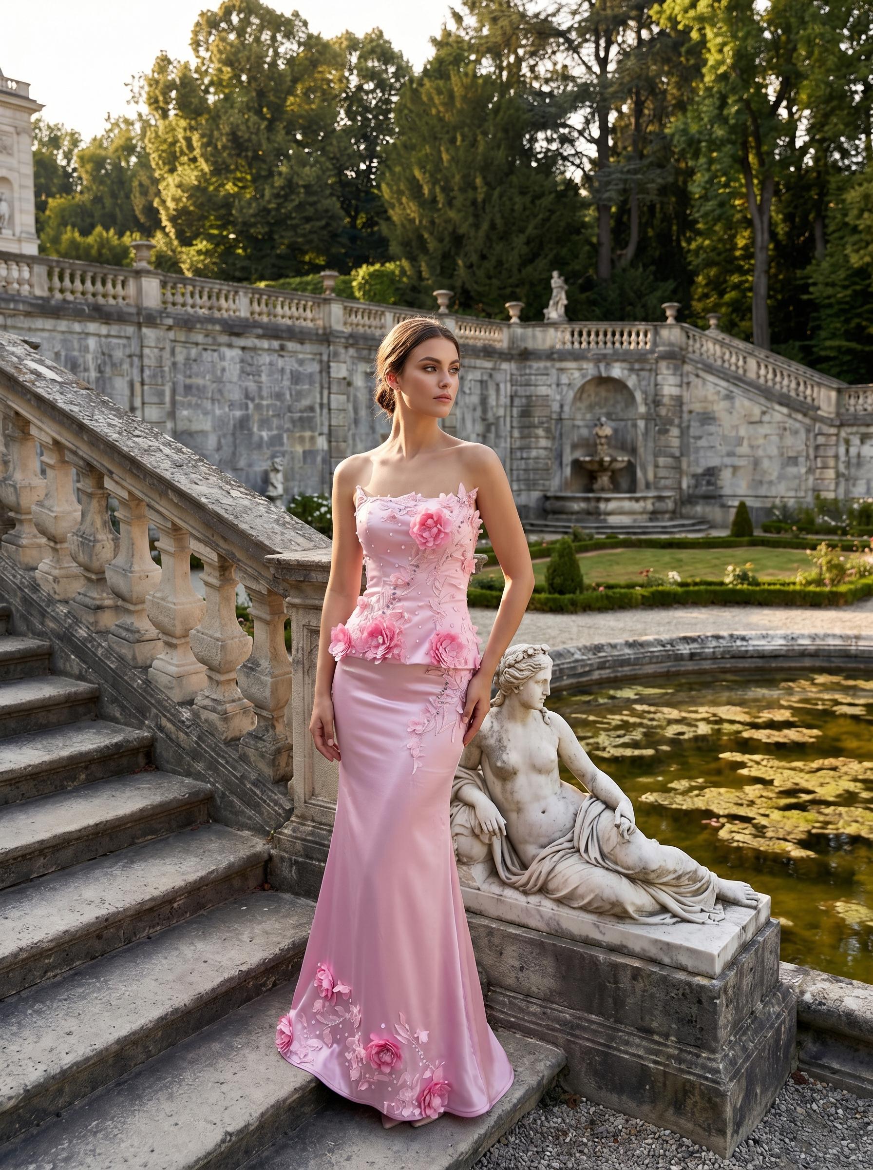 chinese dress ladies Strapless Light Pink Tulle And Lace Appliqué Dress For Prom main image 0