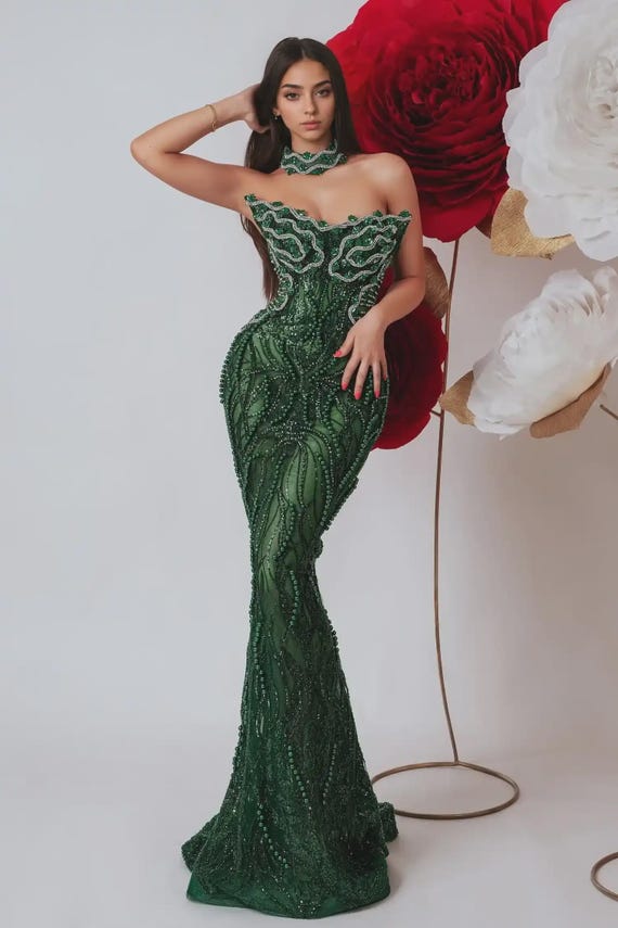 elegant emerald green dresses Open-Back Long Prom Dress with Feathers main image 1