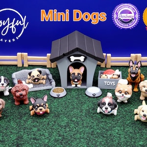 May include: A collection of miniature dog figurines, including a dog house, food bowls, and a wooden fence, all set on a green surface. The text "Mini Dogs" is displayed in orange. The figurines depict various dog breeds.