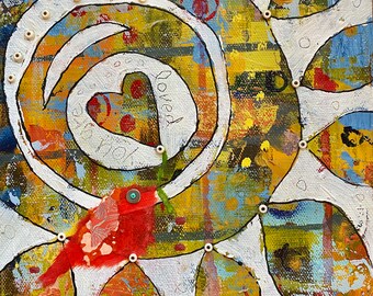 Mixed media painting heart with bird and flower- "Sharing Square" You are LOVED