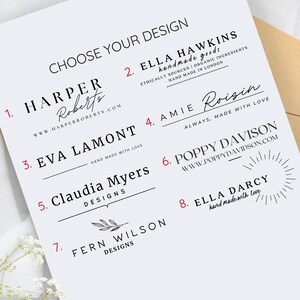 May include: A white sheet of paper with eight different logo designs for small businesses. The logos are numbered 1 through 8. The logos feature a variety of fonts, styles, and graphics, including a floral design, a sunburst, and a handwritten signature.