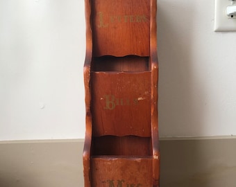 Vintage wood mail holder, bill holder, mail organizer, wall hanging