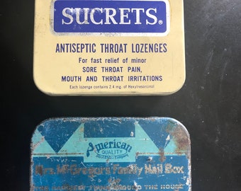 Vintage tin boxes Sucrets, Mrs McGregrs Family Nail Box