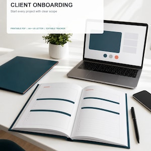 May include: A digital workbook titled Client Onboarding with the subtitle Start every project with clear scope, featuring a laptop, a smartphone, a black pen, and an open planner with lined pages on a white desk surface.
