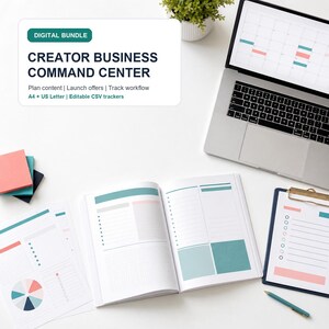 May include: A digital bundle titled Creator Business Command Center featuring a laptop with a calendar, an open planner with teal and pink sections, a clipboard with a checklist, loose sheets, and a pen. Text includes Plan content, Launch offers, Track workflow, A4 + US Letter, and Editable CSV trackers.
