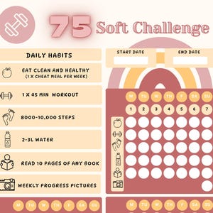 May include: A printable 75-day soft challenge tracker with a rainbow background. The tracker includes daily habits such as eating clean, working out, steps, water intake, reading, and weekly progress pictures. The tracker is divided into two sections, each with a calendar grid for 14 days.