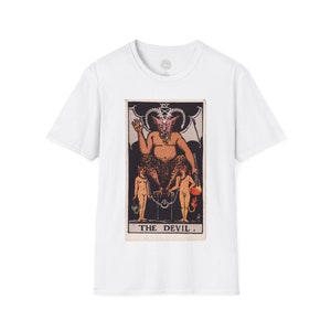 Le diable t-shirt de carte de tarot | T-shirt graphique occulte Rider-Waite | Vêtements de symbolisme ésotérique | Chemise de tarot mystique