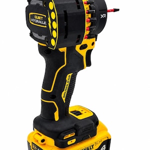 May include: Black and yellow cordless drill with the text "QUIET HYDRAULIC" and "BRUSHLESS". The drill has a black handle and a yellow battery pack. The battery pack is labeled "20V" and "4 AH".