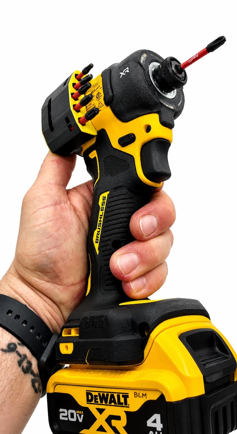 May include: A black and yellow cordless drill with the brand name "DEWALT" visible. The drill is labeled "BRUSHLESS" and "XR". The battery is labeled "20V MAX" and "4 AH".