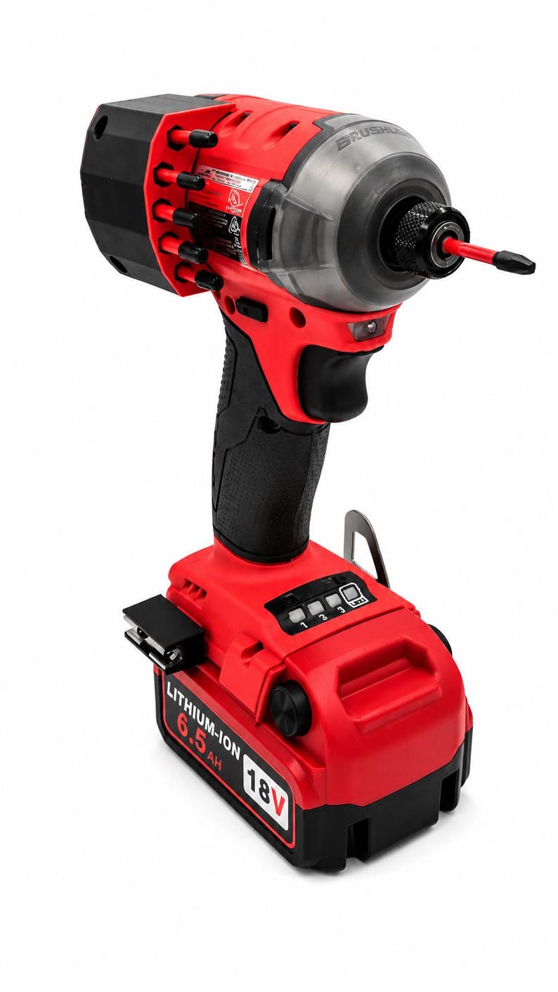 Puede incluir: Un atornillador de impacto inal&aacute;mbrico rojo y negro con un mango negro y una cabeza de pl&aacute;stico transparente. La herramienta tiene una bater&iacute;a que dice "LITHIUM-ION 6.5 AH 18V". Dise&ntilde;ado para trabajos de construcci&oacute;n y reparaci&oacute;n.