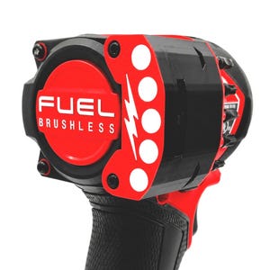May include: A close-up of a black and red FUEL BRUSHLESS impact wrench. The tool features a red circular center with white text and a red accent with white circles and a lightning bolt design. The handle is black with a textured grip.