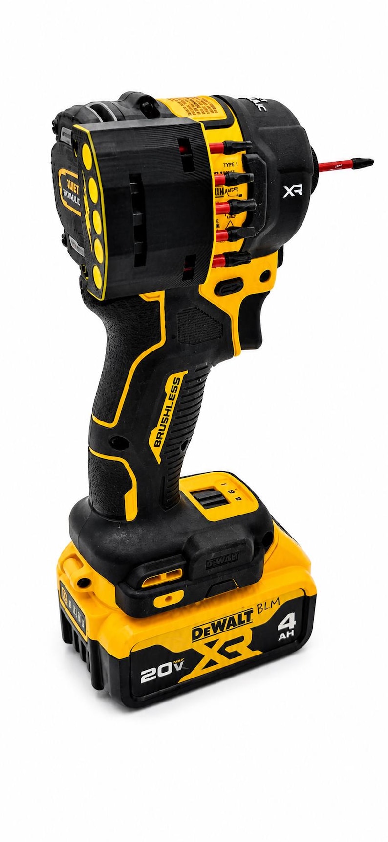 May include: A black and yellow cordless impact wrench with a 20V battery. The tool has the brand name "DEWALT" and "BRUSHLESS" printed on it. The battery is labeled "4 AH".