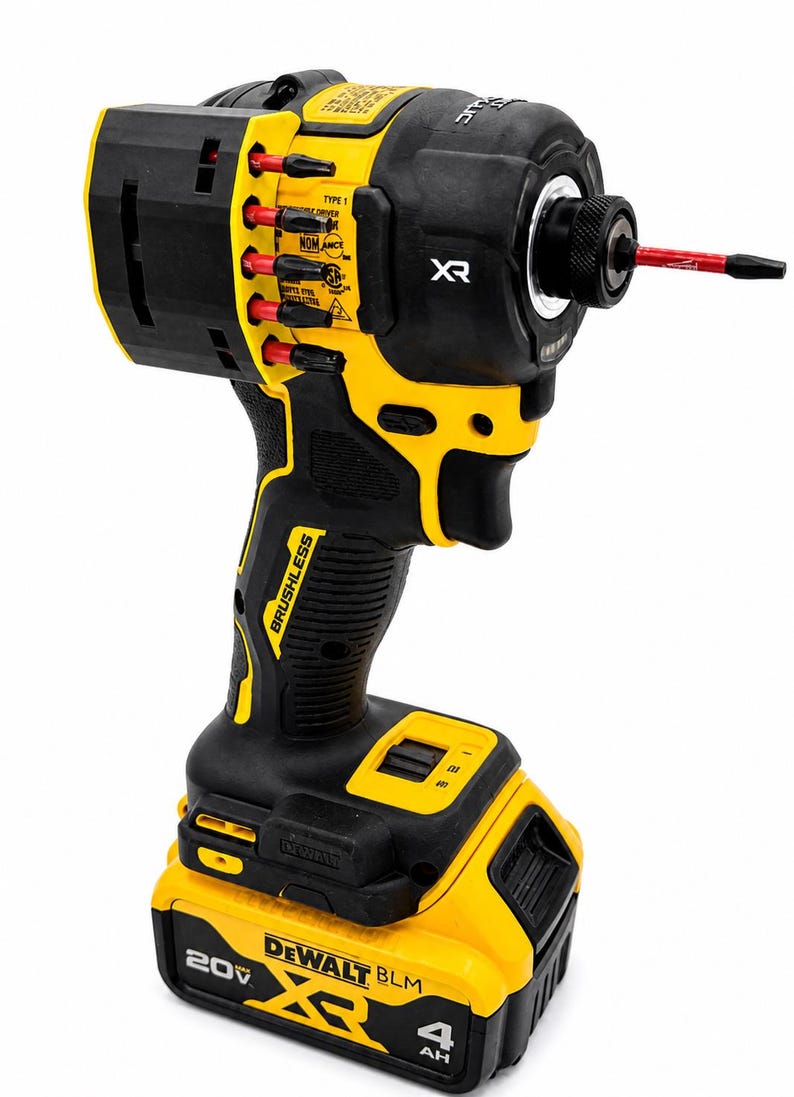 May include: A black and yellow cordless impact driver with a red bit extending from the front. The tool has a black handle and a yellow battery pack. The brand name "DEWALT" is visible on the battery.