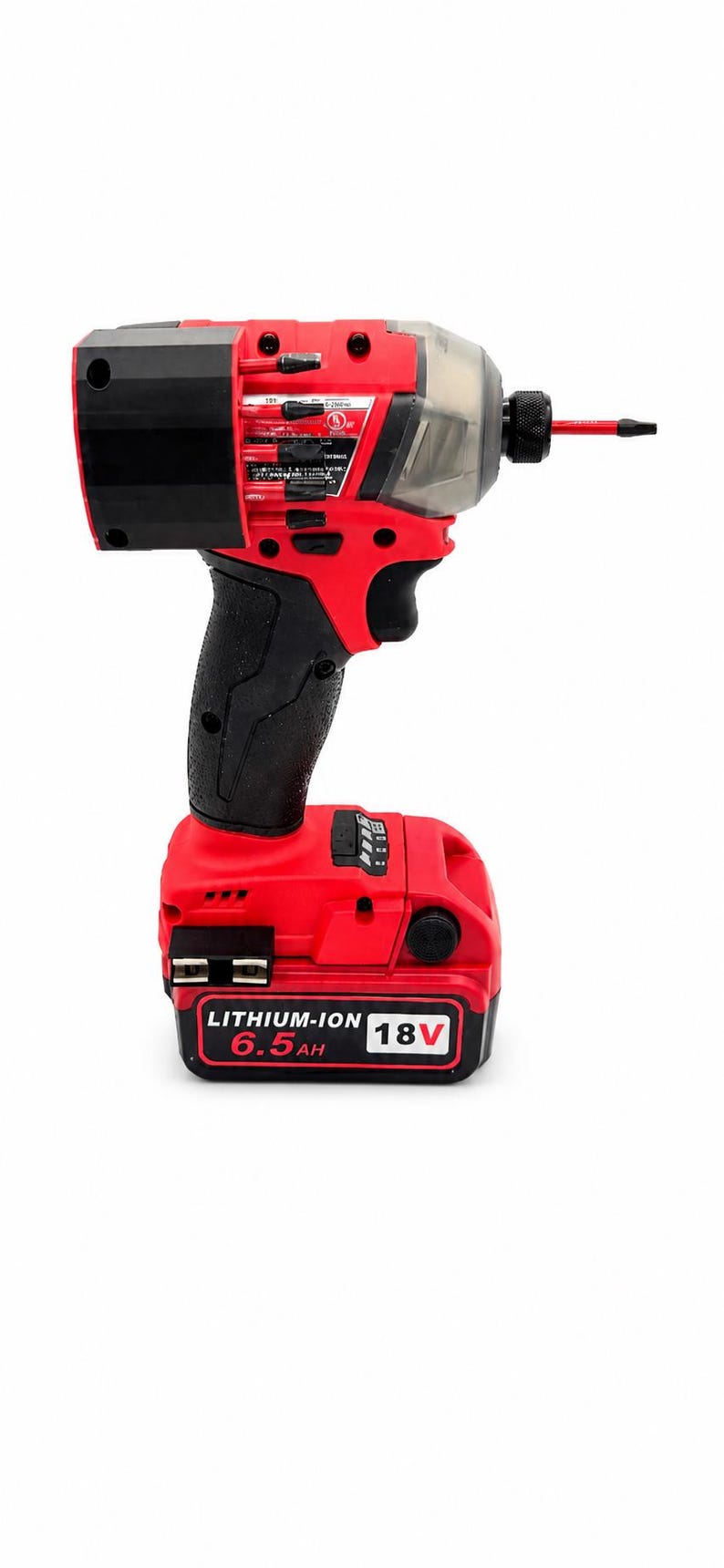 Puede incluir: Un atornillador de impacto inal&aacute;mbrico rojo y negro con un mango negro y una bater&iacute;a. La bater&iacute;a est&aacute; etiquetada como "LITHIUM-ION 6.5AH 18V". La herramienta tiene una parte delantera de pl&aacute;stico transparente y una parte superior negra.