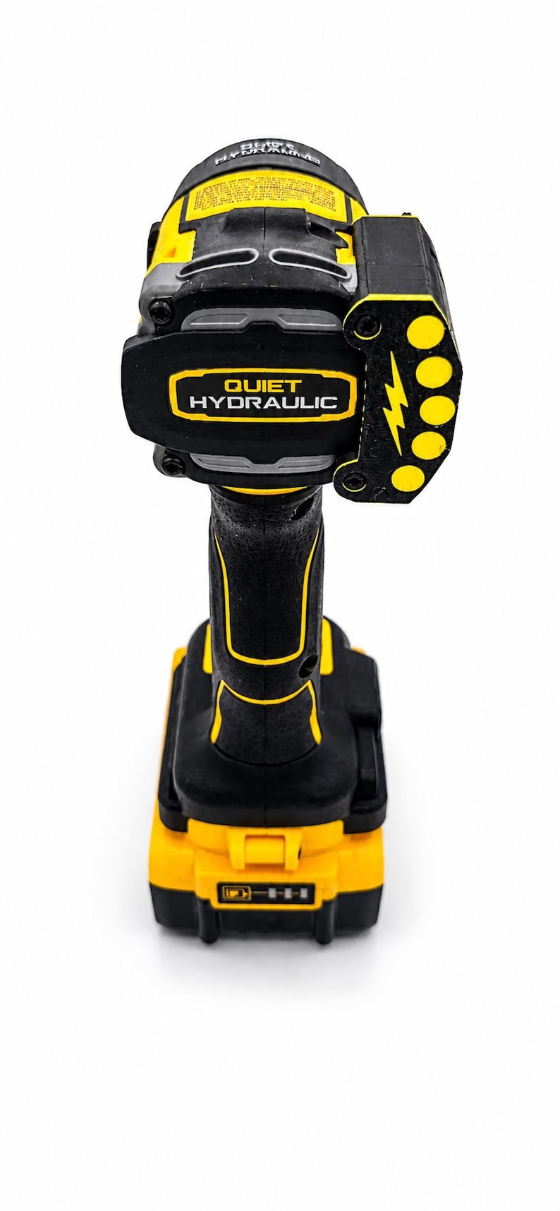 May include: A black and yellow cordless impact wrench with the text "QUIET HYDRAULIC". The tool has a battery pack and a lightning bolt symbol. The tool is designed for heavy-duty use.