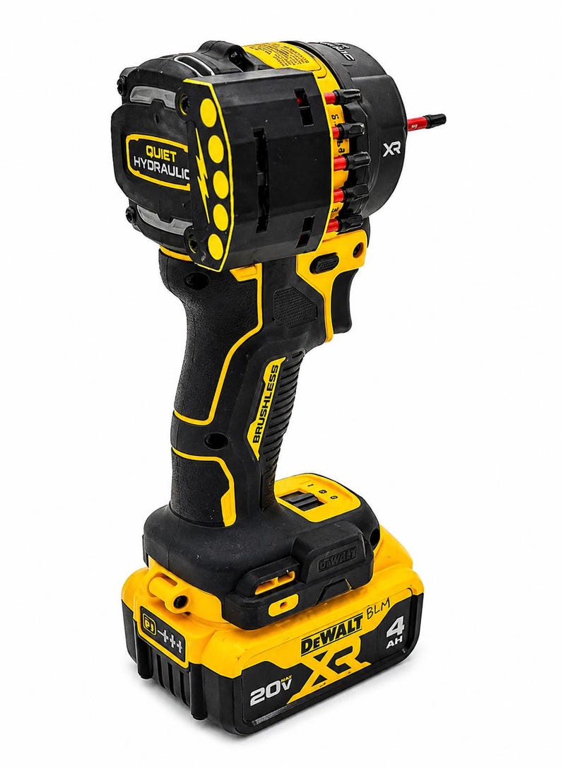 May include: Black and yellow cordless drill with a black handle and a yellow battery pack. The drill has the text "QUIET HYDRAULIC" and "BRUSHLESS" printed on it. The battery pack reads "20V" and "4 AH".