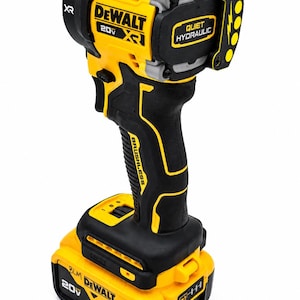 May include: A yellow and black DeWalt 20V XR brushless impact wrench. The tool has a black handle with the word "BRUSHLESS" printed on it. The head of the tool has the words "QUIET HYDRAULIC" printed on it.
