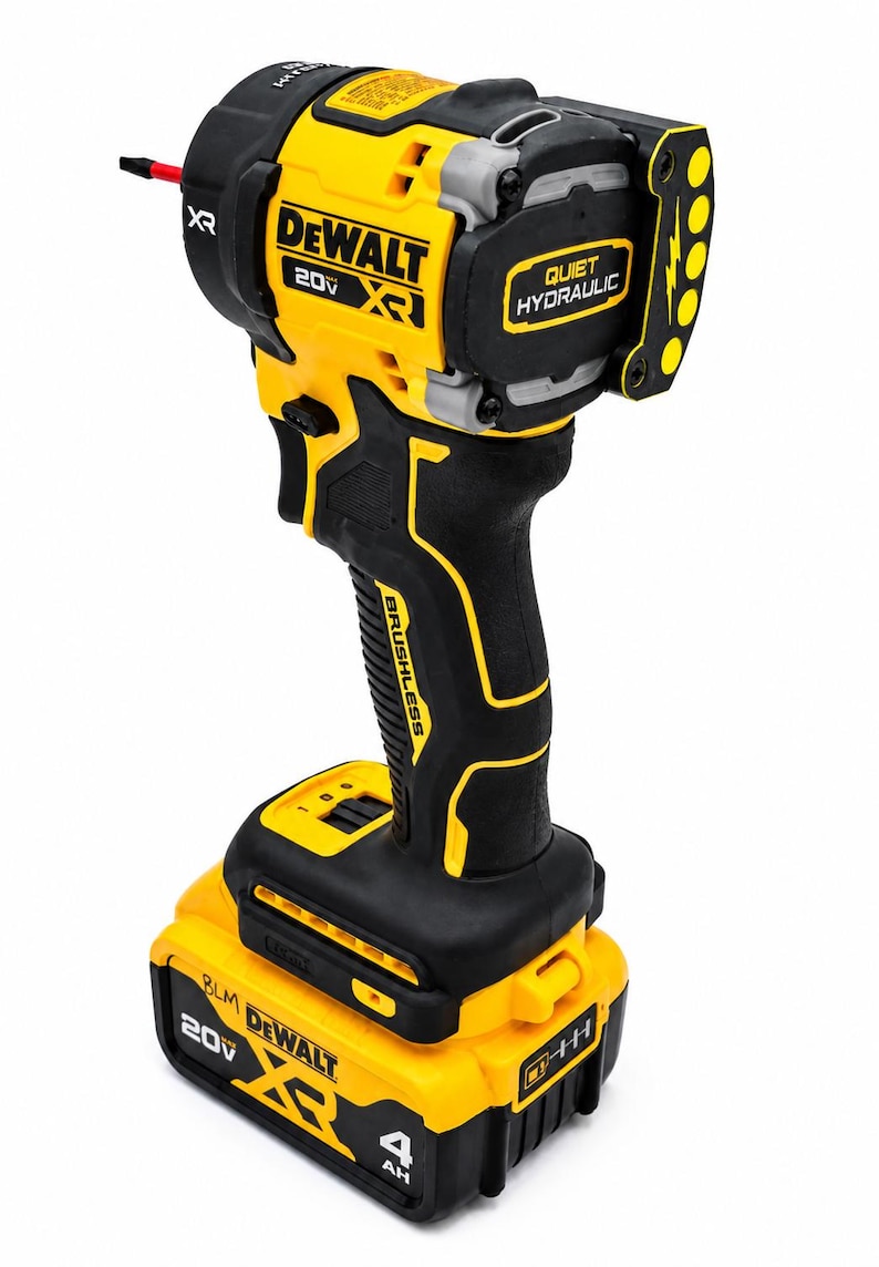 May include: A yellow and black DeWalt 20V XR brushless impact wrench. The tool has a black handle with the word "BRUSHLESS" printed on it. The head of the tool has the words "QUIET HYDRAULIC" printed on it.