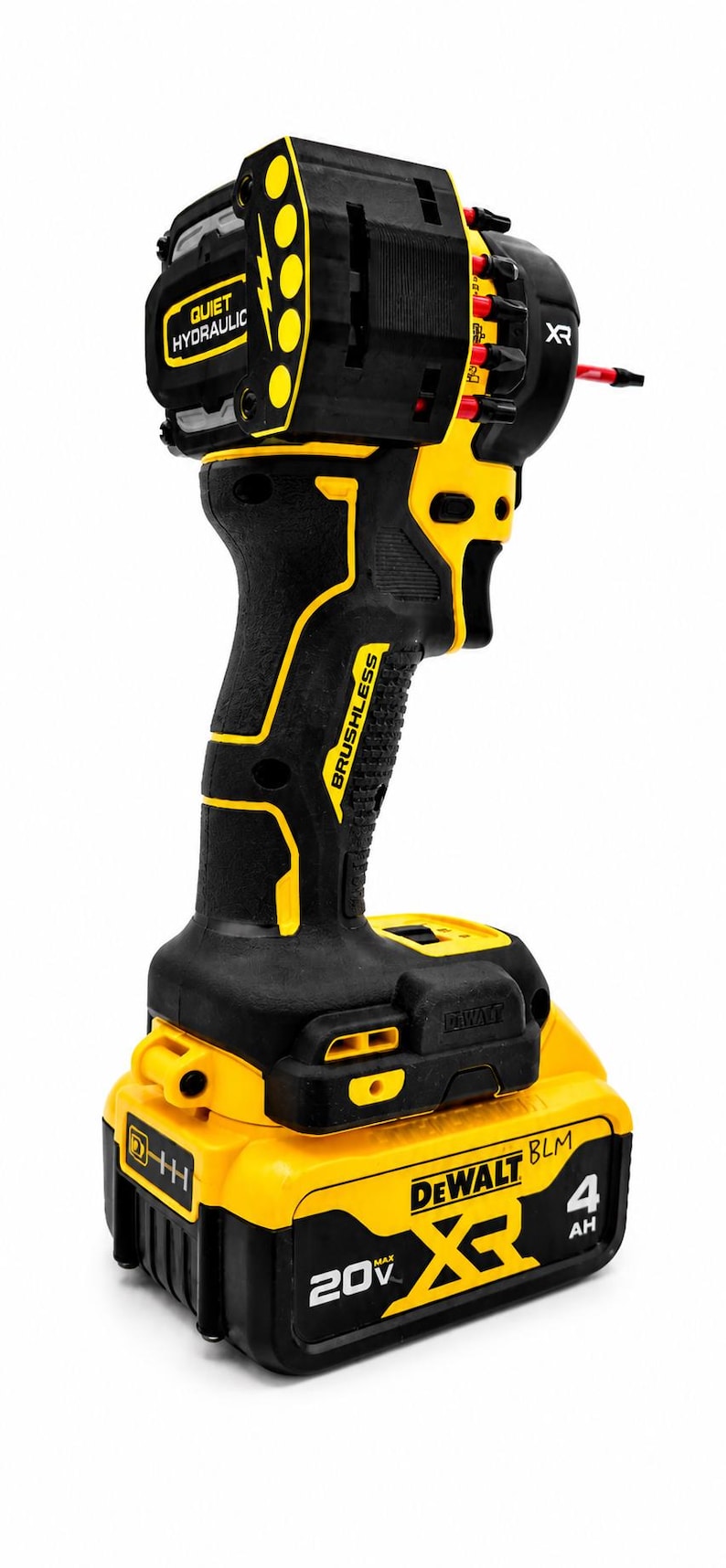 May include: Black and yellow cordless drill with the text "QUIET HYDRAULIC" and "BRUSHLESS". The drill has a 20V MAX battery and a 4 AH rating. The brand name "DEWALT" is visible.