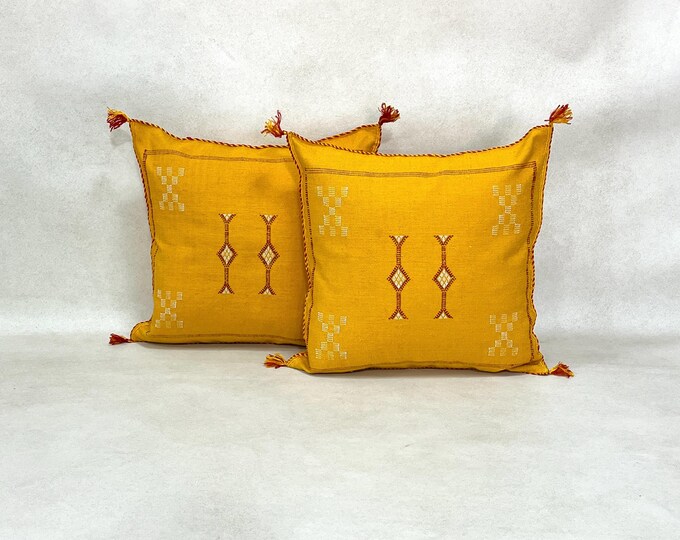 Moroccan Decorative Pillow, Mustard Yellow with Geometric Embroidery and Tassels, Cactus, Perfect for Cozy Home Decor and Sustainable Living