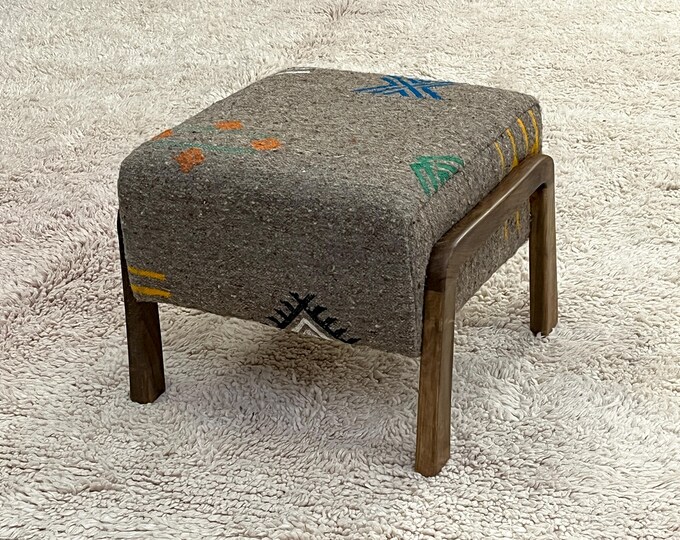 Moroccan Wooden Stool, Eco-friendly, Unique, Handmade Geometric Patterns for Sustainable Home Decor, Dark Gray