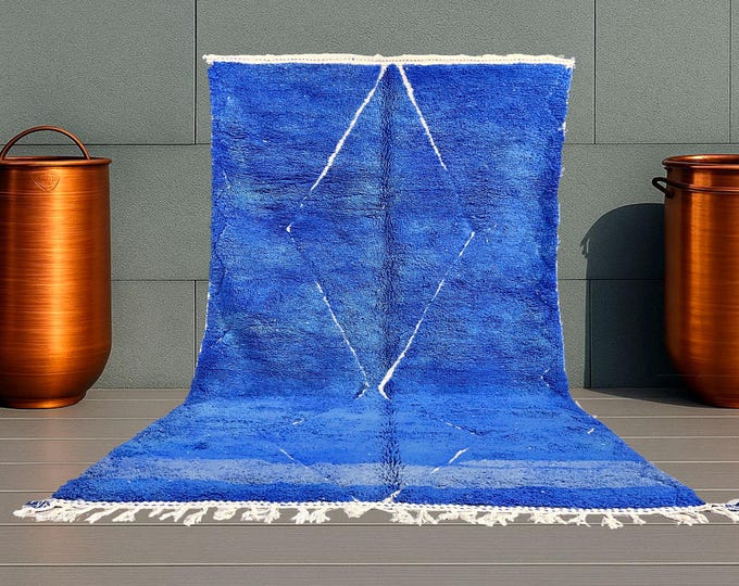 Authentic Beni Ourain Berber Rug Blue - Geometric Moroccan Wool Rug - 7x11.5ft / 214x352cm - Handwoven Boho & Modern Decor - Tribal Carpet