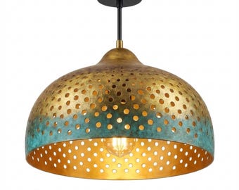 銅製ドーム型ペンダントライト：素朴なファームハウス風の古びたシャンデリア