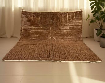 Brown Moroccan Rug, Handmade Wool Shag Carpet, 3D Textured Berber Rug, Modern Minimalist Area Rug, Custom Size Moroccan Carpet