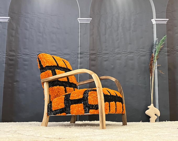 Vibrant Orange and Black Checkered Armchair with Wooden Frame | Boho Decor, Moroccan Craft, Handmade Rug