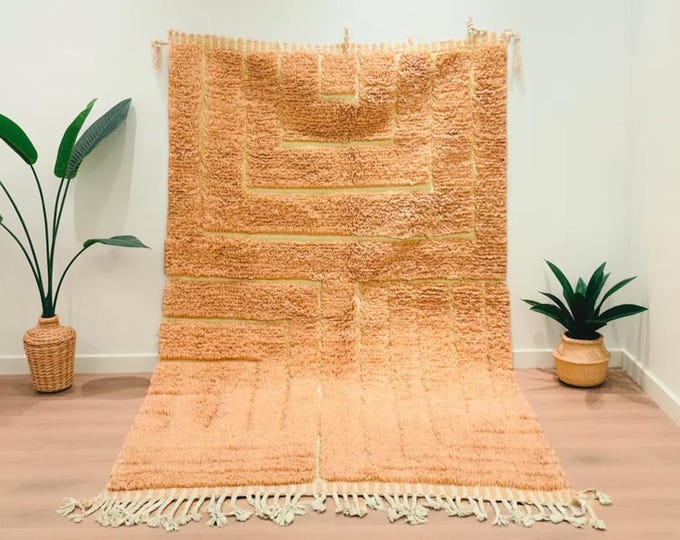 Handmade Moroccan Wool Rug – Beni Ourain Berber Carpet, Minimalist Modern Area Rug, Neutral Sandstone Wool Carpet – Free Shipping