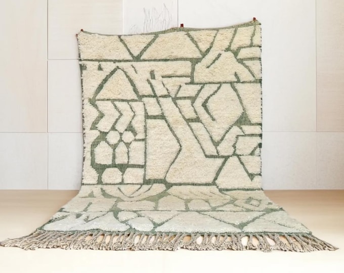 Handmade Olive Green Berber Rug – Moroccan Wool Tribal Carpet – Ivory and Olive Area Rug – Minimalist Abstract Boho Wool Rug