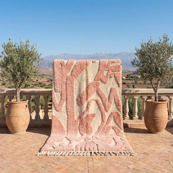 Carved Pink Moroccan Rug, Custom High Pile Wool Carpet, Abstract Geometric Area Rug, Organic Modern Decor, Handmade