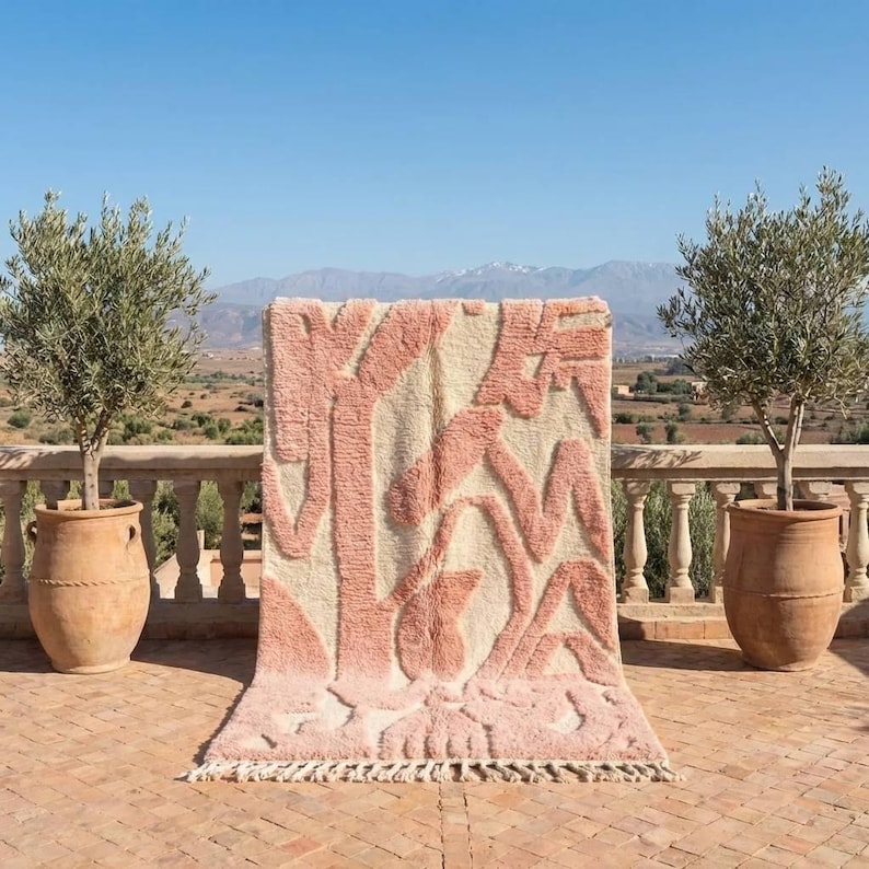 rug, Dusty pink rug, High low pile rug, Agma Boutique, Custom wool carpet, Abstract Berber rug, Geometric area rug, Textured wool rug, Organic modern decor, Artisan handmade, Beni ourain style, Atlas mountain wool, Plush pink rug