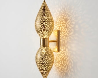 Gold Brass Moroccan Wall Sconce | Double Teardrop Arabesque Applique | Minimalist Boho Chic Lighting | Custom Hand-Pierced Wall Lamp