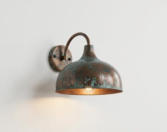Aplique de pared rústico de cobre – Lámpara de pared exterior vintage con pátina hecha a mano