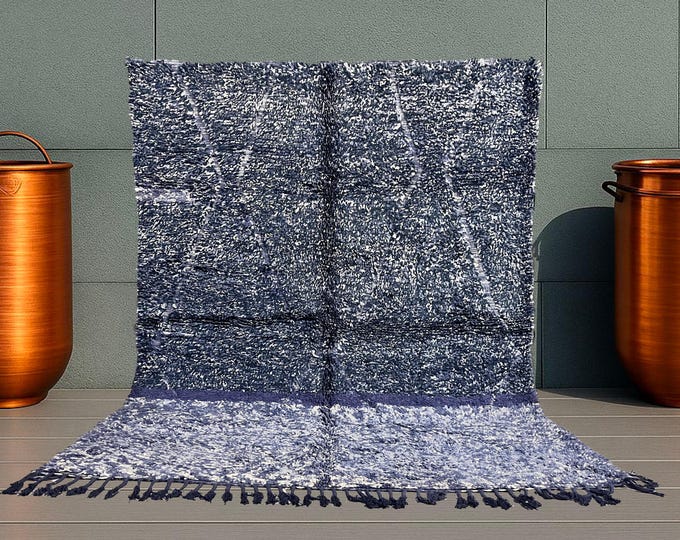 Beni Ourain Berber Rug Blue and White 216x266 cm (7.1x8.7 feet) - Authentic, Modern, Boho