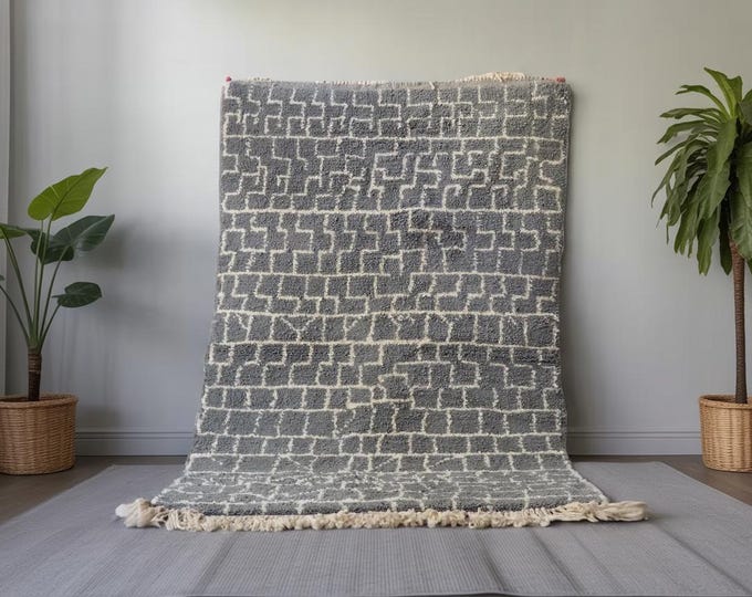Gray and White Moroccan Wool Rug – Beni Ourain Handwoven Carpet – Custom Color and Size – Minimalist Scandinavian Decor
