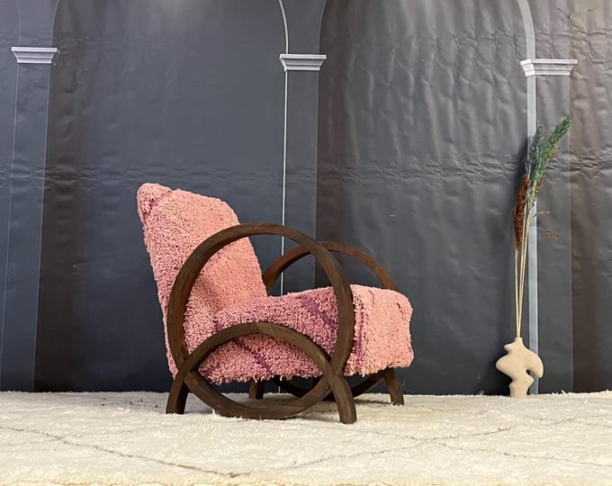 Elegant and Modern Pink Plush Armchair with Wooden Frame | Perfect for Boho Decor,